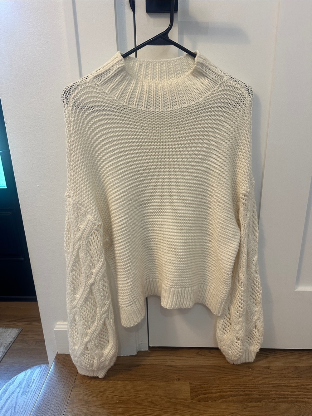 RD Style Cream Cable Balloon Sleeve Mock Neck Sweater